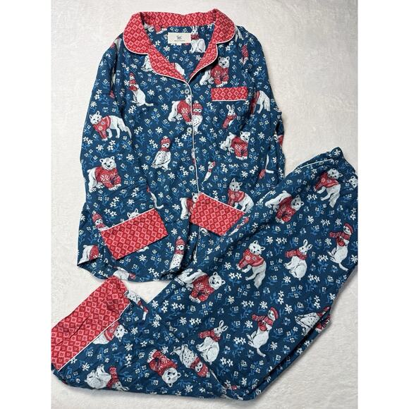 Printfresh Anthropologie Unisex XL PJ’s Flannel Winter Animals W/scarves Blue - Picture 1 of 6